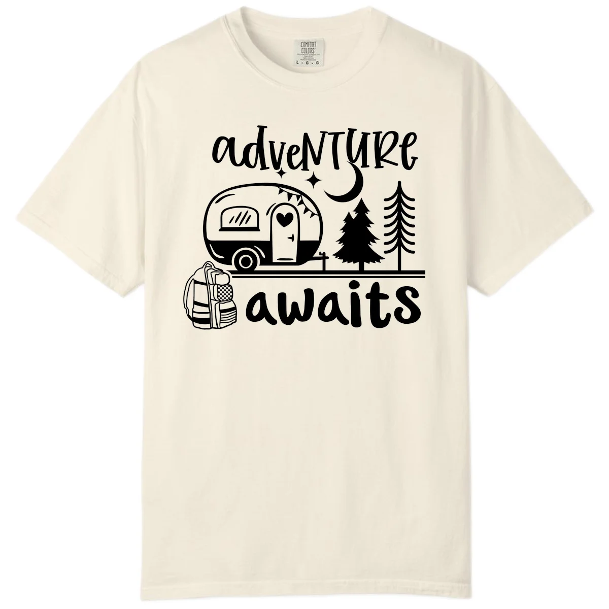 Retro camper trailer with heart-shaped door under moonlight and stars, surrounded by evergreen trees, with 'adventure awaits' text. in Ivory