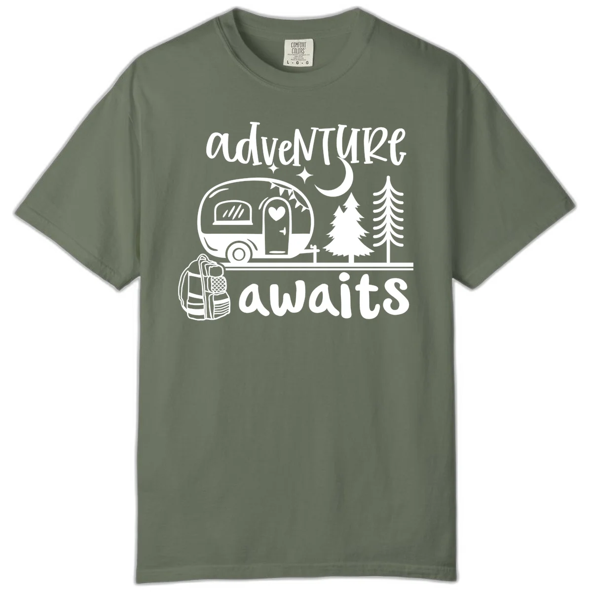 Retro camper trailer with heart-shaped door under moonlight and stars, surrounded by evergreen trees, with 'adventure awaits' text. in Moss