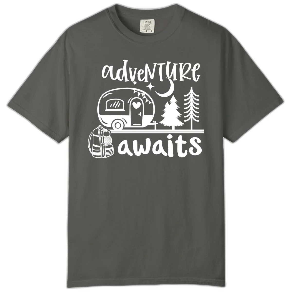 Retro camper trailer with heart-shaped door under moonlight and stars, surrounded by evergreen trees, with 'adventure awaits' text. in Pepper