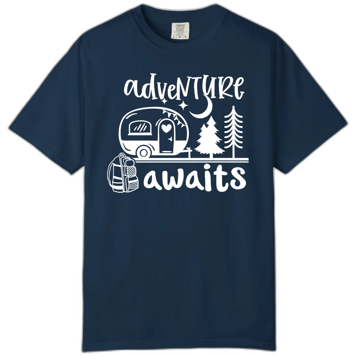 Retro camper trailer with heart-shaped door under moonlight and stars, surrounded by evergreen trees, with 'adventure awaits' text. in True Navy