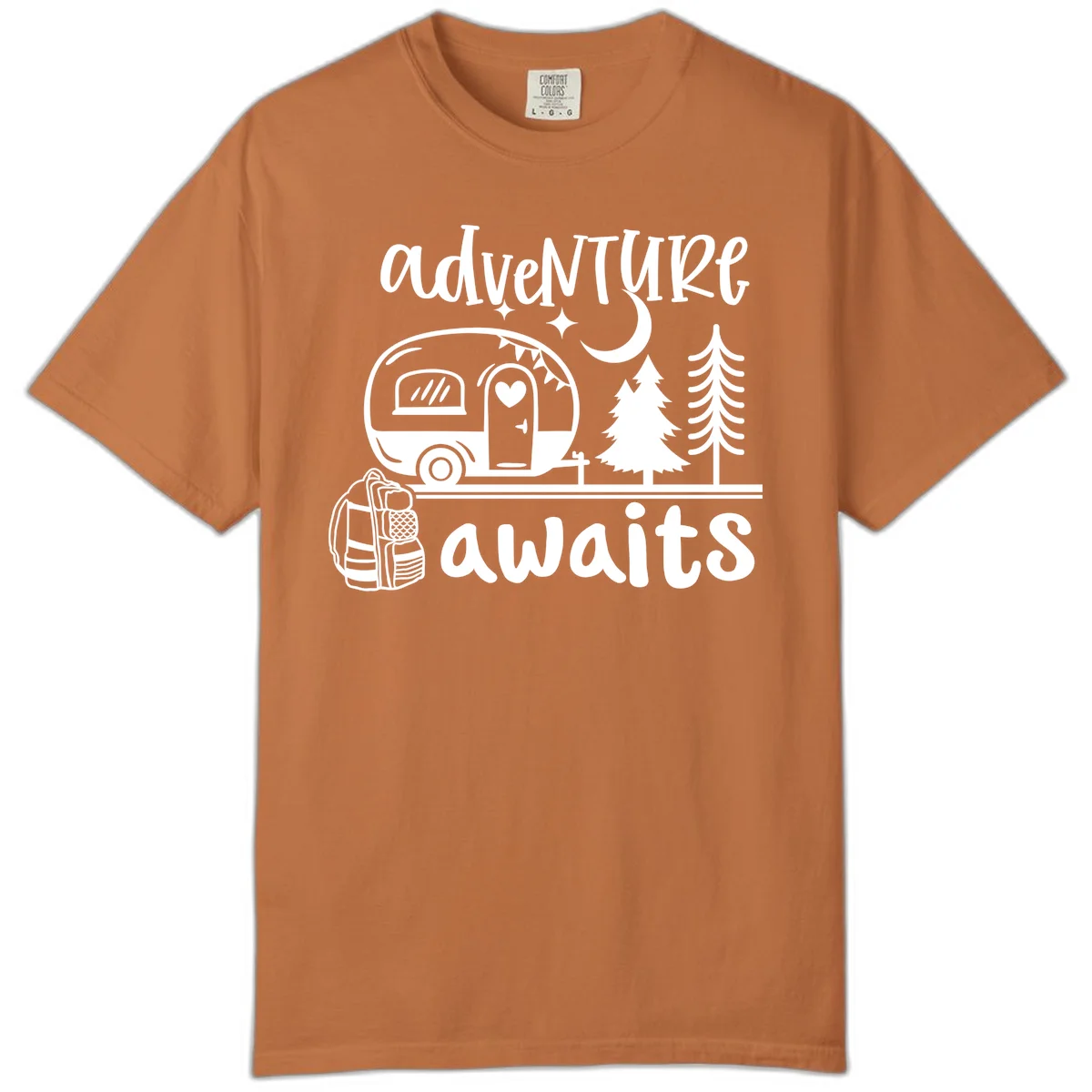 Retro camper trailer with heart-shaped door under moonlight and stars, surrounded by evergreen trees, with 'adventure awaits' text. in Yam