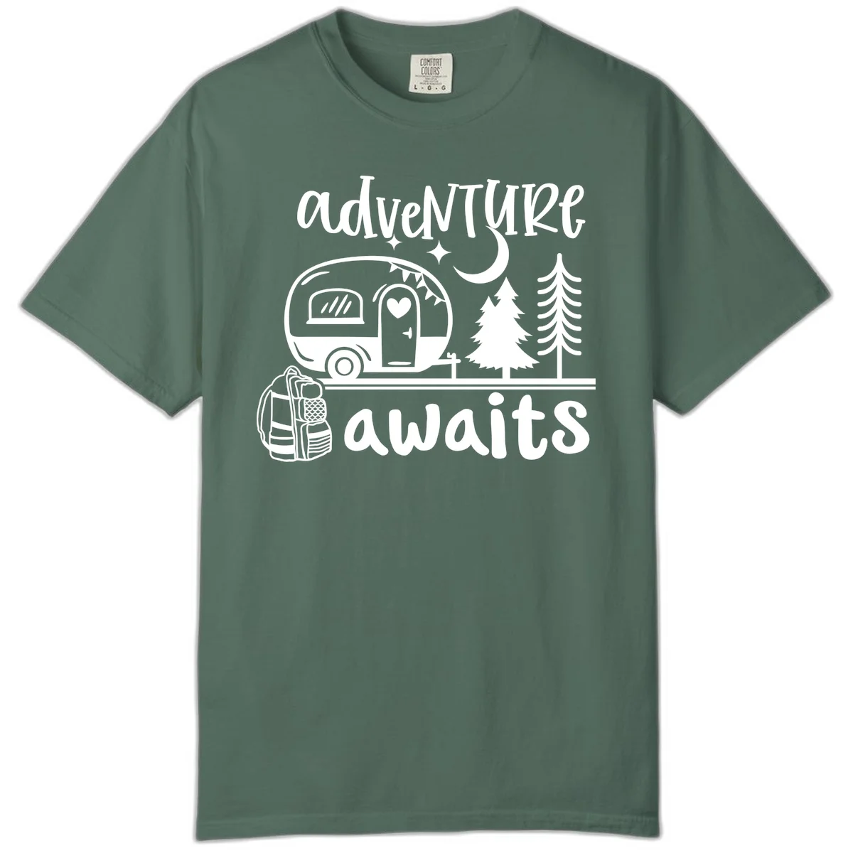 Retro camper trailer with heart-shaped door under moonlight and stars, surrounded by evergreen trees, with 'adventure awaits' text. in Blue Spruce