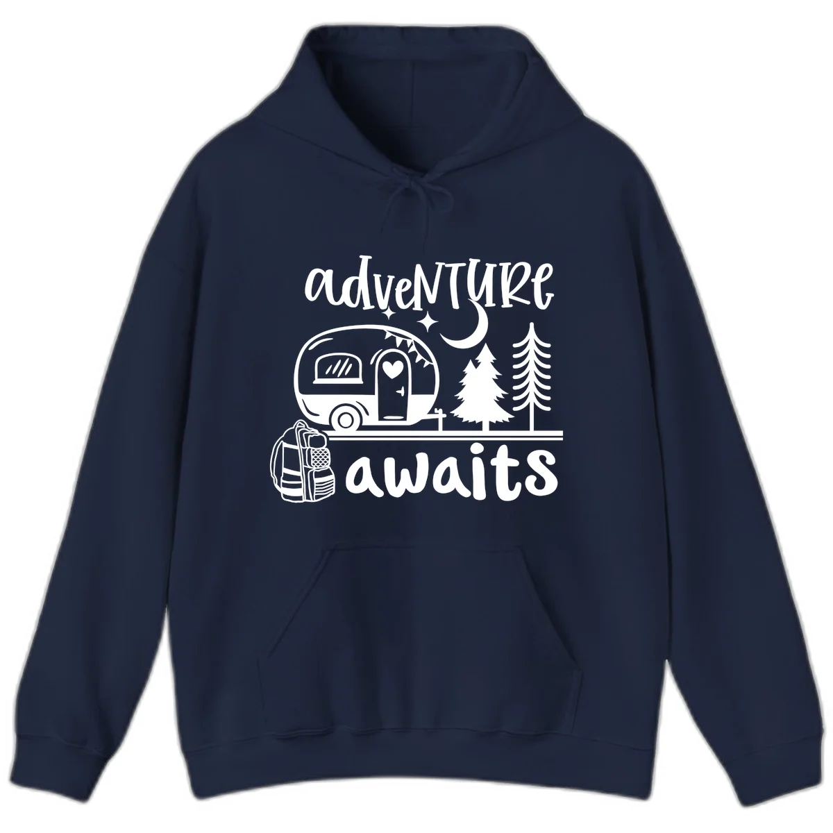 Retro camper trailer with heart-shaped door under moonlight and stars, surrounded by evergreen trees, with 'adventure awaits' text. in Navy