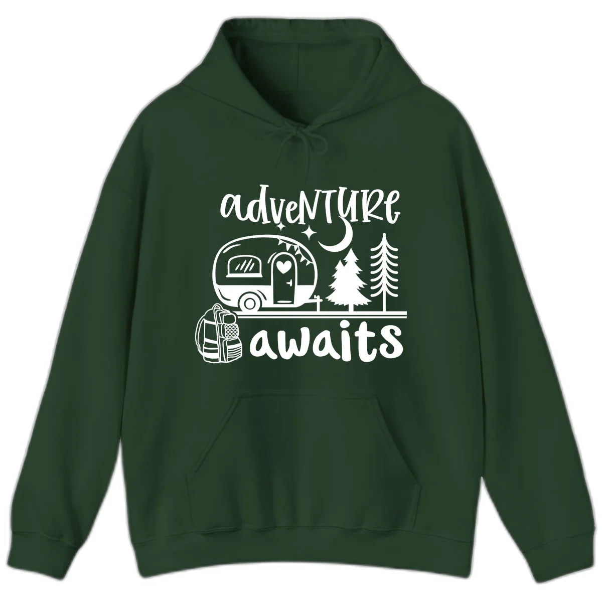 Retro camper trailer with heart-shaped door under moonlight and stars, surrounded by evergreen trees, with 'adventure awaits' text. in Forest Green