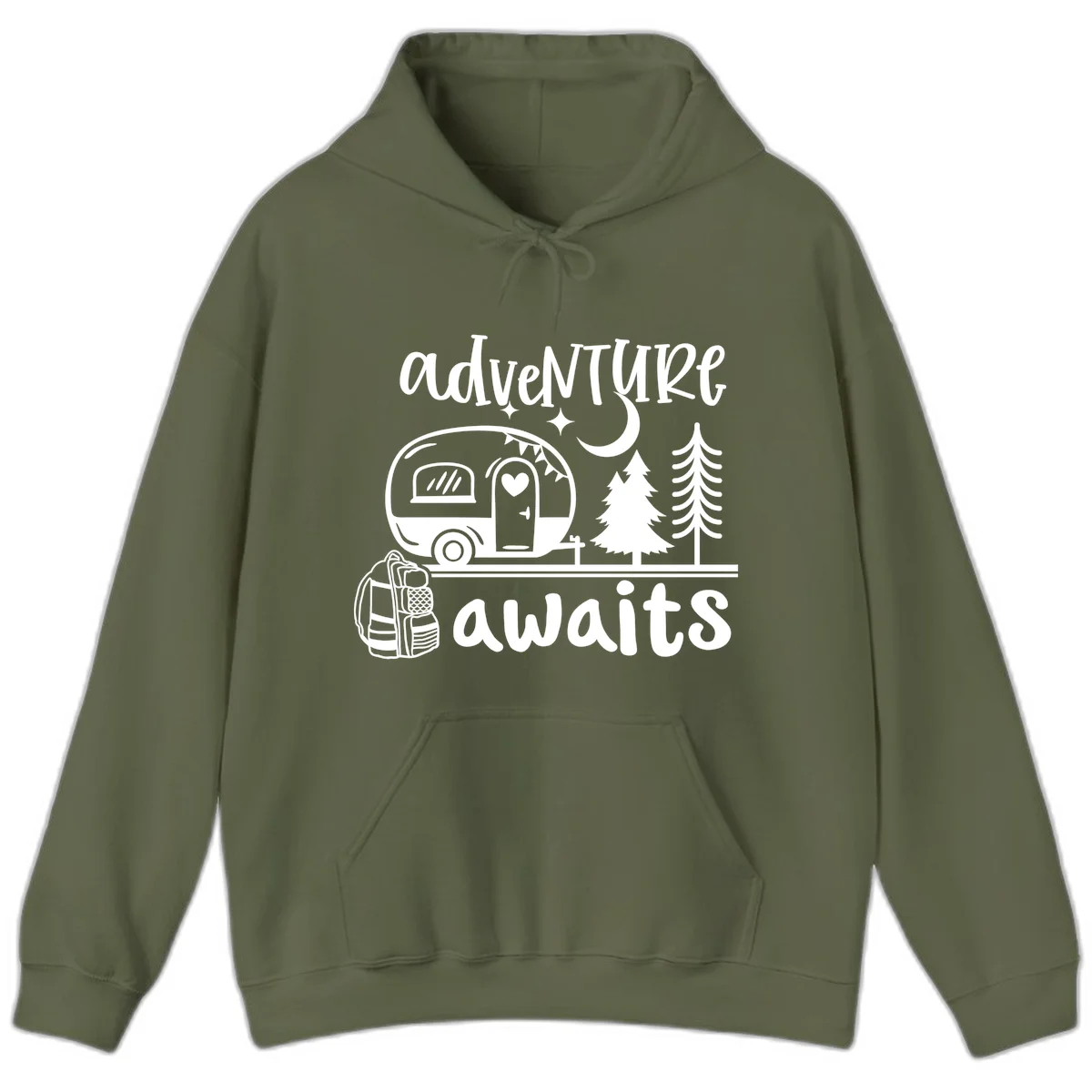 Retro camper trailer with heart-shaped door under moonlight and stars, surrounded by evergreen trees, with 'adventure awaits' text. in Military Green