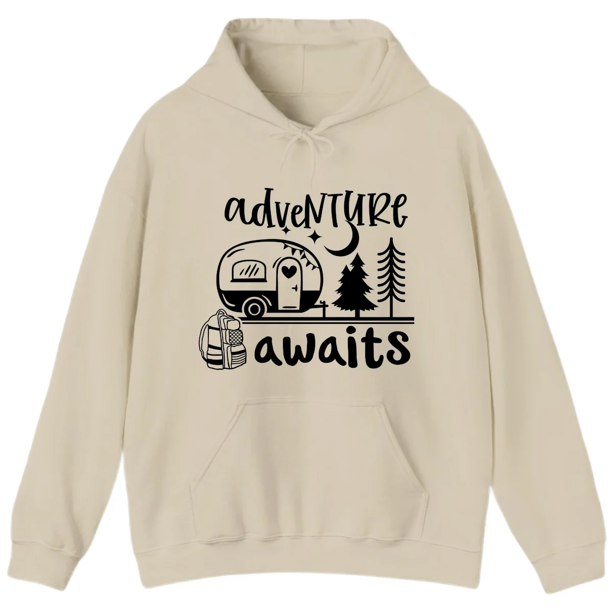 Retro camper trailer with heart-shaped door under moonlight and stars, surrounded by evergreen trees, with 'adventure awaits' text. in Sand
