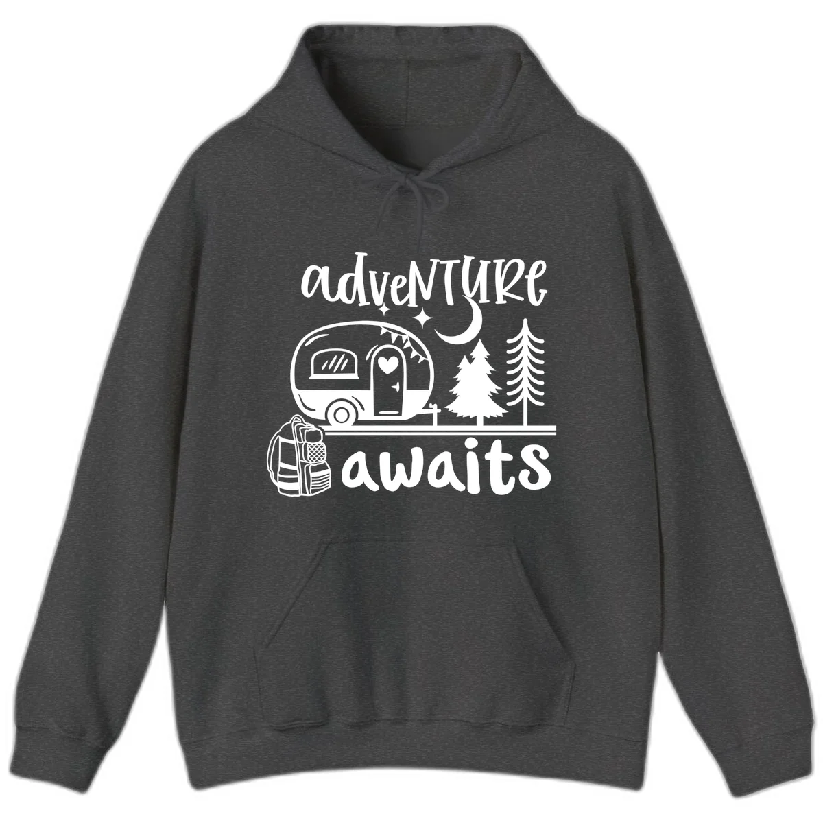 Retro camper trailer with heart-shaped door under moonlight and stars, surrounded by evergreen trees, with 'adventure awaits' text. in Dark Heather