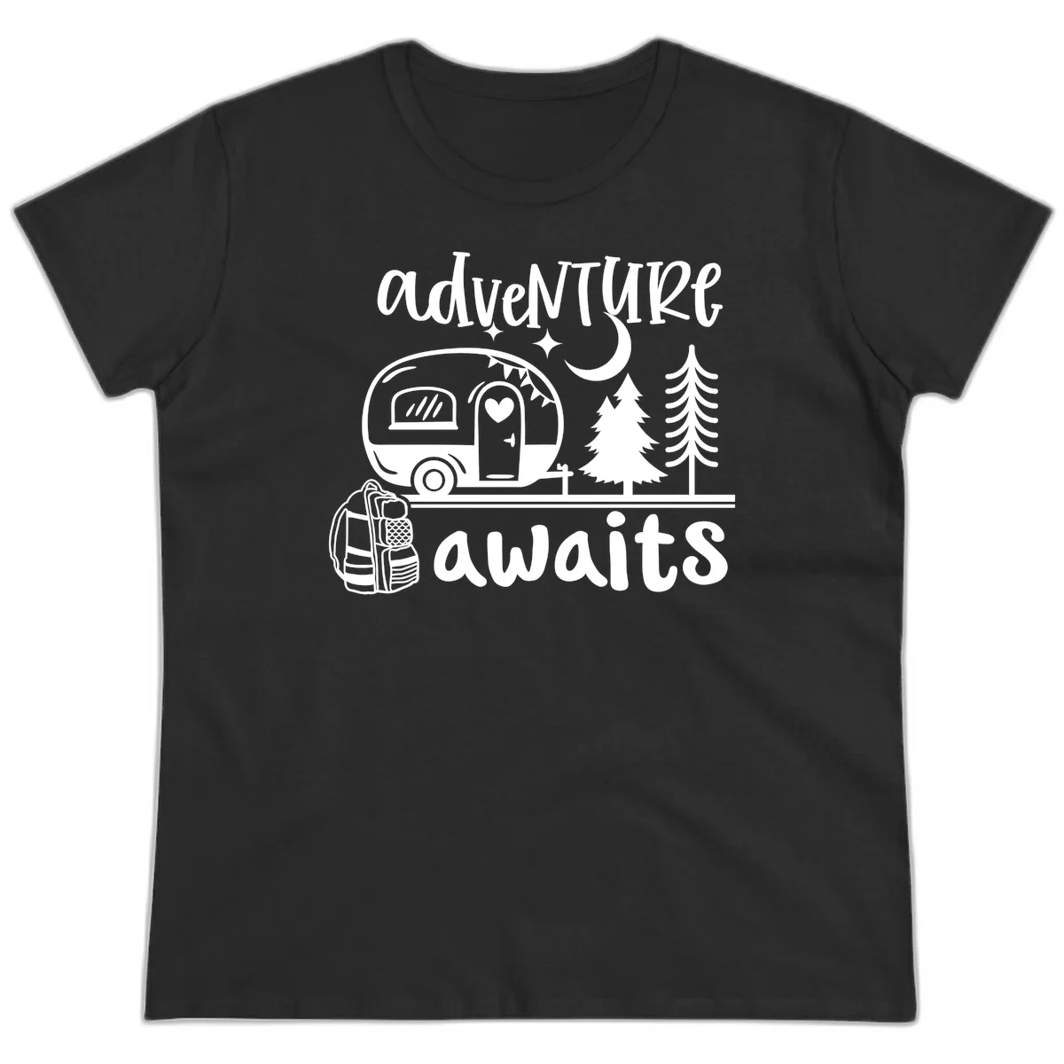 Retro camper trailer with heart-shaped door under moonlight and stars, surrounded by evergreen trees, with 'adventure awaits' text. in Black