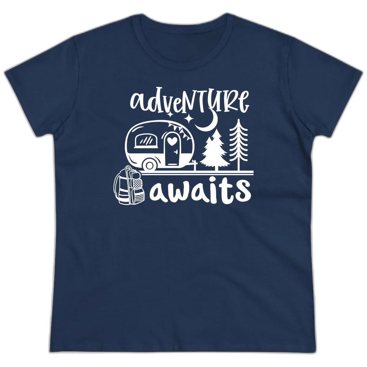 Retro camper trailer with heart-shaped door under moonlight and stars, surrounded by evergreen trees, with 'adventure awaits' text. in Navy