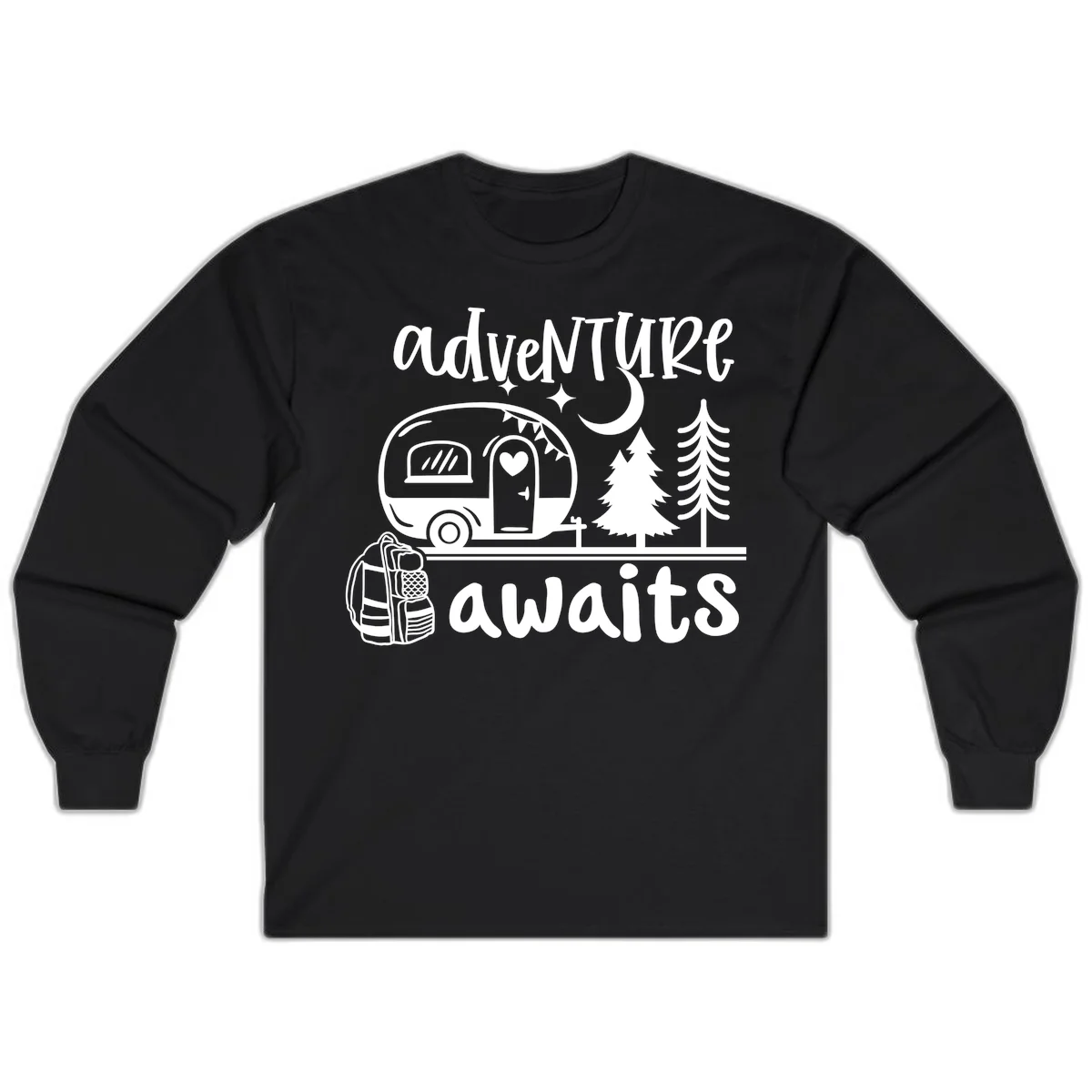 Retro camper trailer with heart-shaped door under moonlight and stars, surrounded by evergreen trees, with 'adventure awaits' text. in Black