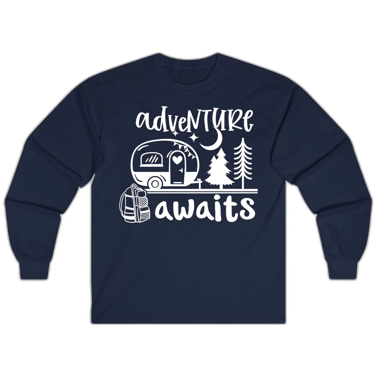 Retro camper trailer with heart-shaped door under moonlight and stars, surrounded by evergreen trees, with 'adventure awaits' text. in Navy