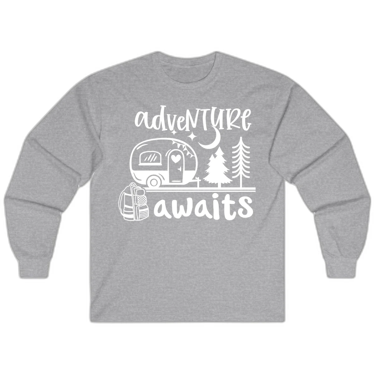 Retro camper trailer with heart-shaped door under moonlight and stars, surrounded by evergreen trees, with 'adventure awaits' text. in Sport Grey
