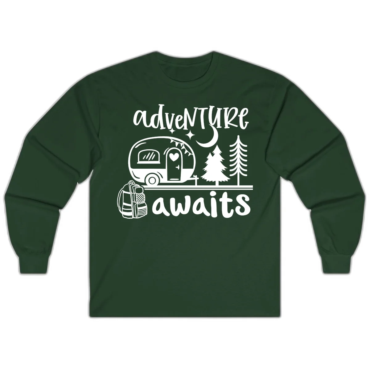 Retro camper trailer with heart-shaped door under moonlight and stars, surrounded by evergreen trees, with 'adventure awaits' text. in Forest Green