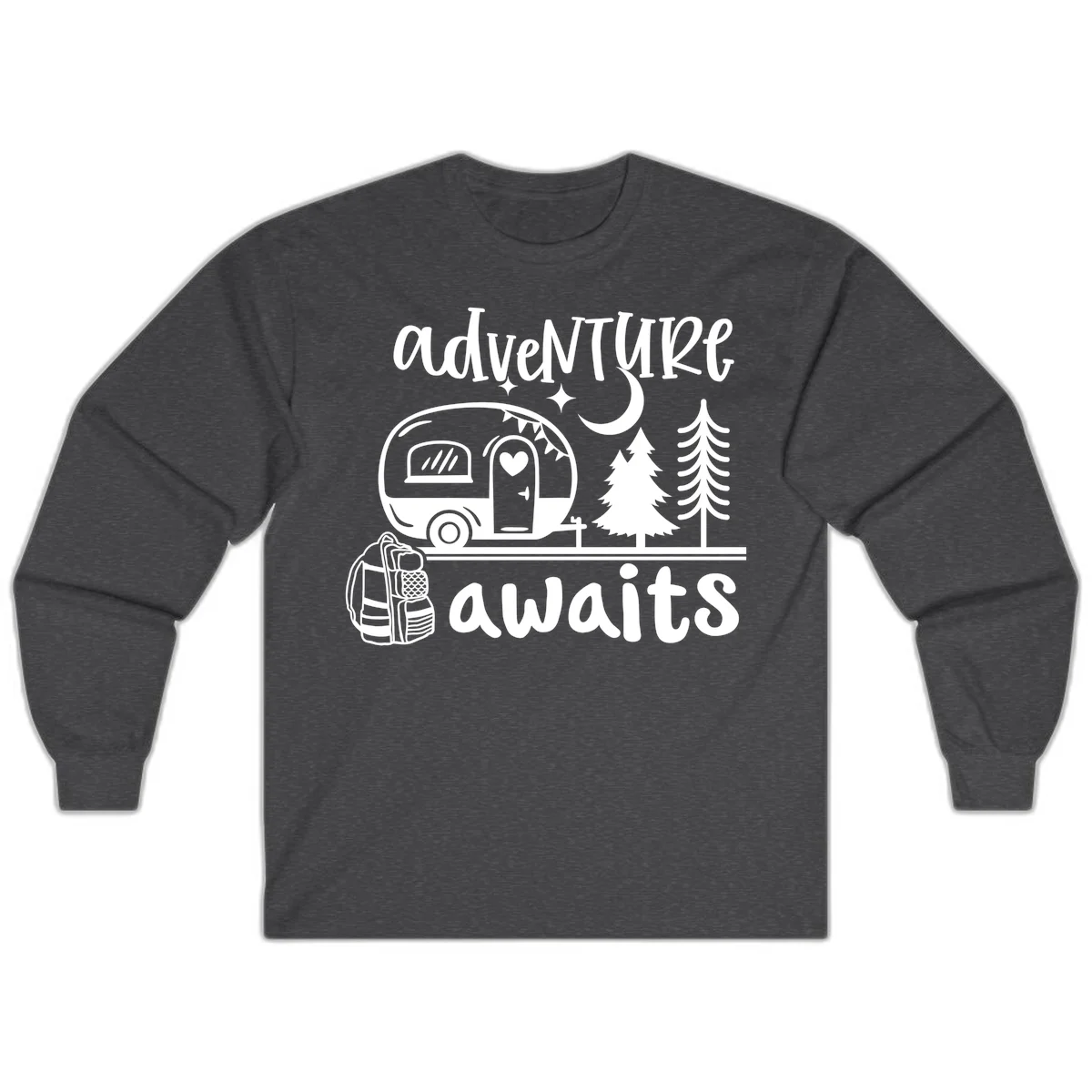 Retro camper trailer with heart-shaped door under moonlight and stars, surrounded by evergreen trees, with 'adventure awaits' text. in Dark Heather