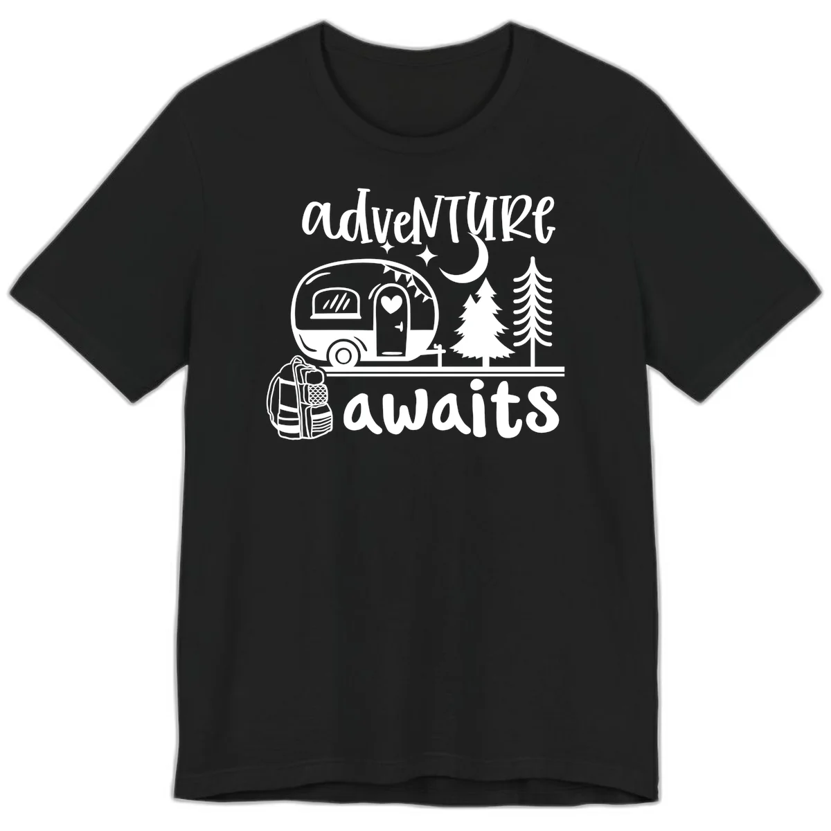 Retro camper trailer with heart-shaped door under moonlight and stars, surrounded by evergreen trees, with 'adventure awaits' text. in Black