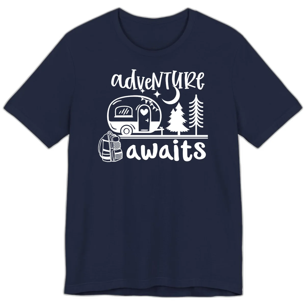 Retro camper trailer with heart-shaped door under moonlight and stars, surrounded by evergreen trees, with 'adventure awaits' text. in Navy
