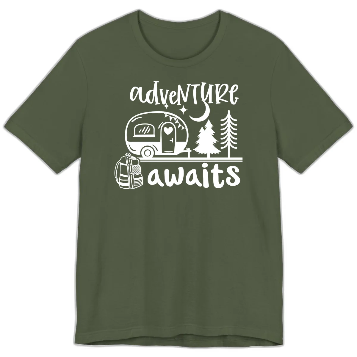 Retro camper trailer with heart-shaped door under moonlight and stars, surrounded by evergreen trees, with 'adventure awaits' text. in Military Green