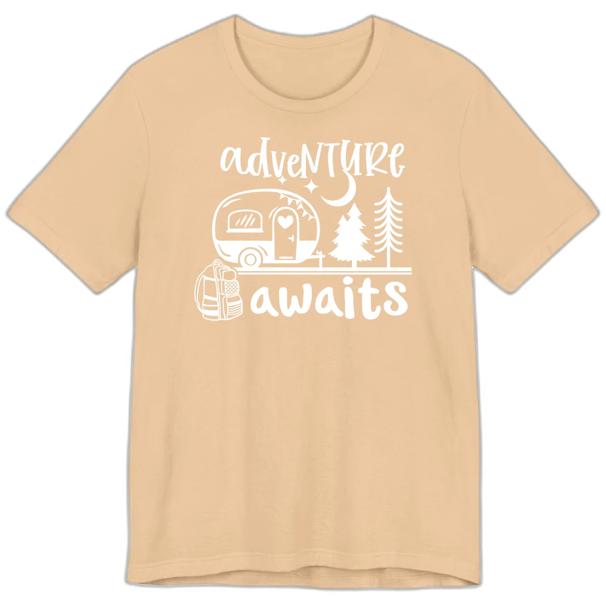 Retro camper trailer with heart-shaped door under moonlight and stars, surrounded by evergreen trees, with 'adventure awaits' text. in Sand Dune