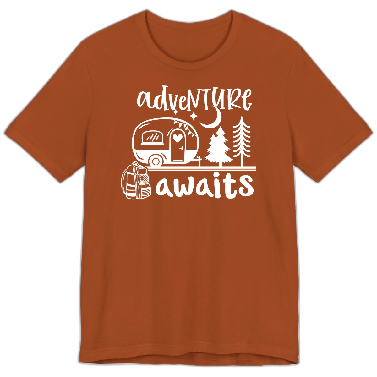 Retro camper trailer with heart-shaped door under moonlight and stars, surrounded by evergreen trees, with 'adventure awaits' text. in Autumn
