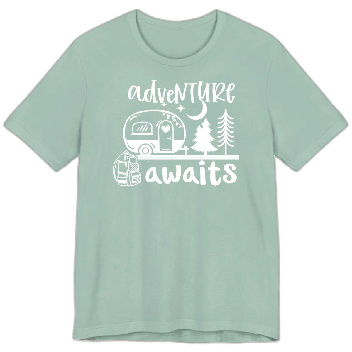 Retro camper trailer with heart-shaped door under moonlight and stars, surrounded by evergreen trees, with 'adventure awaits' text. in Dusty Blue