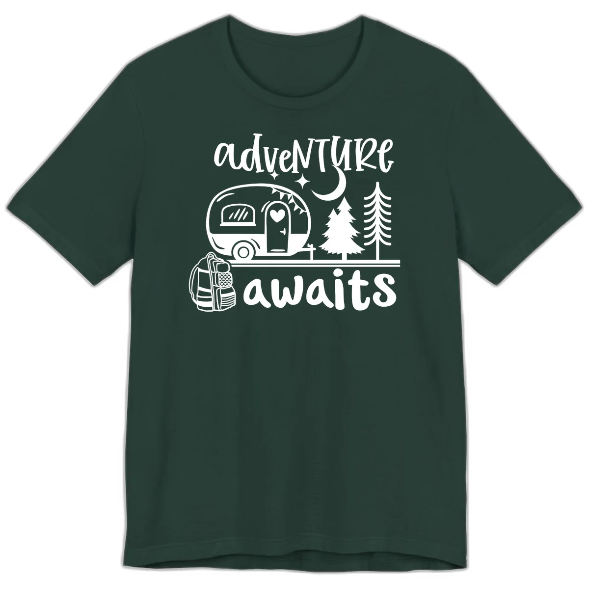 Retro camper trailer with heart-shaped door under moonlight and stars, surrounded by evergreen trees, with 'adventure awaits' text. in Forest