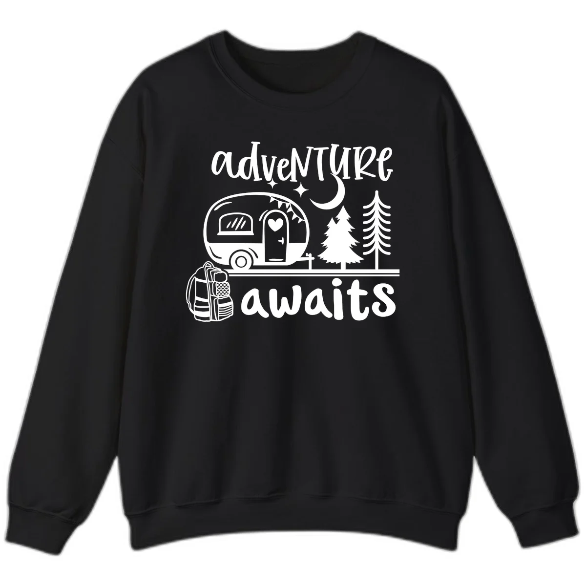 Retro camper trailer with heart-shaped door under moonlight and stars, surrounded by evergreen trees, with 'adventure awaits' text. in Black