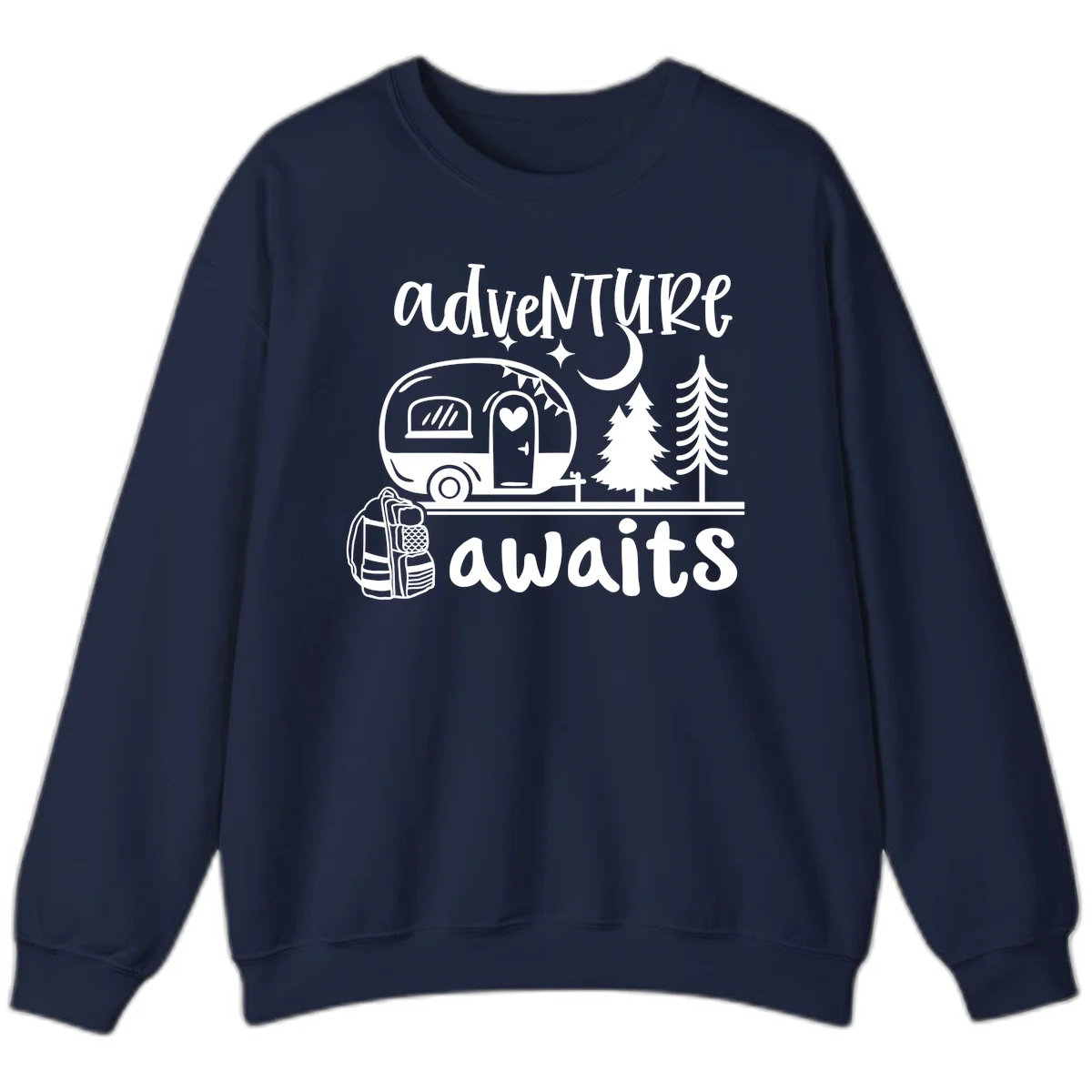 Retro camper trailer with heart-shaped door under moonlight and stars, surrounded by evergreen trees, with 'adventure awaits' text. in Navy