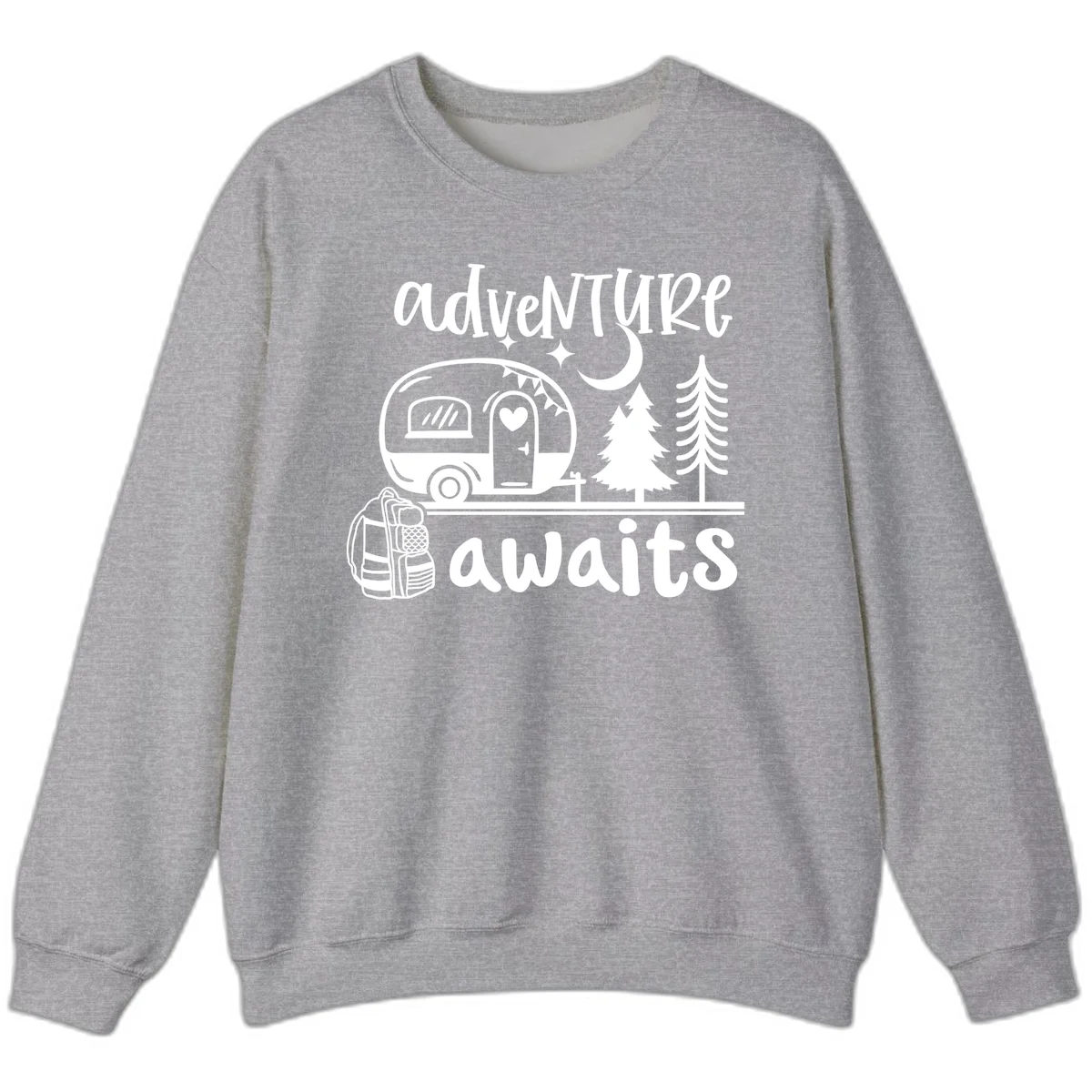 Retro camper trailer with heart-shaped door under moonlight and stars, surrounded by evergreen trees, with 'adventure awaits' text. in Sport Grey
