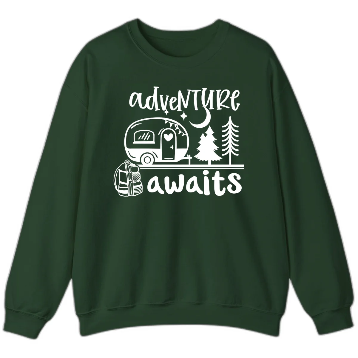 Retro camper trailer with heart-shaped door under moonlight and stars, surrounded by evergreen trees, with 'adventure awaits' text. in Forest Green