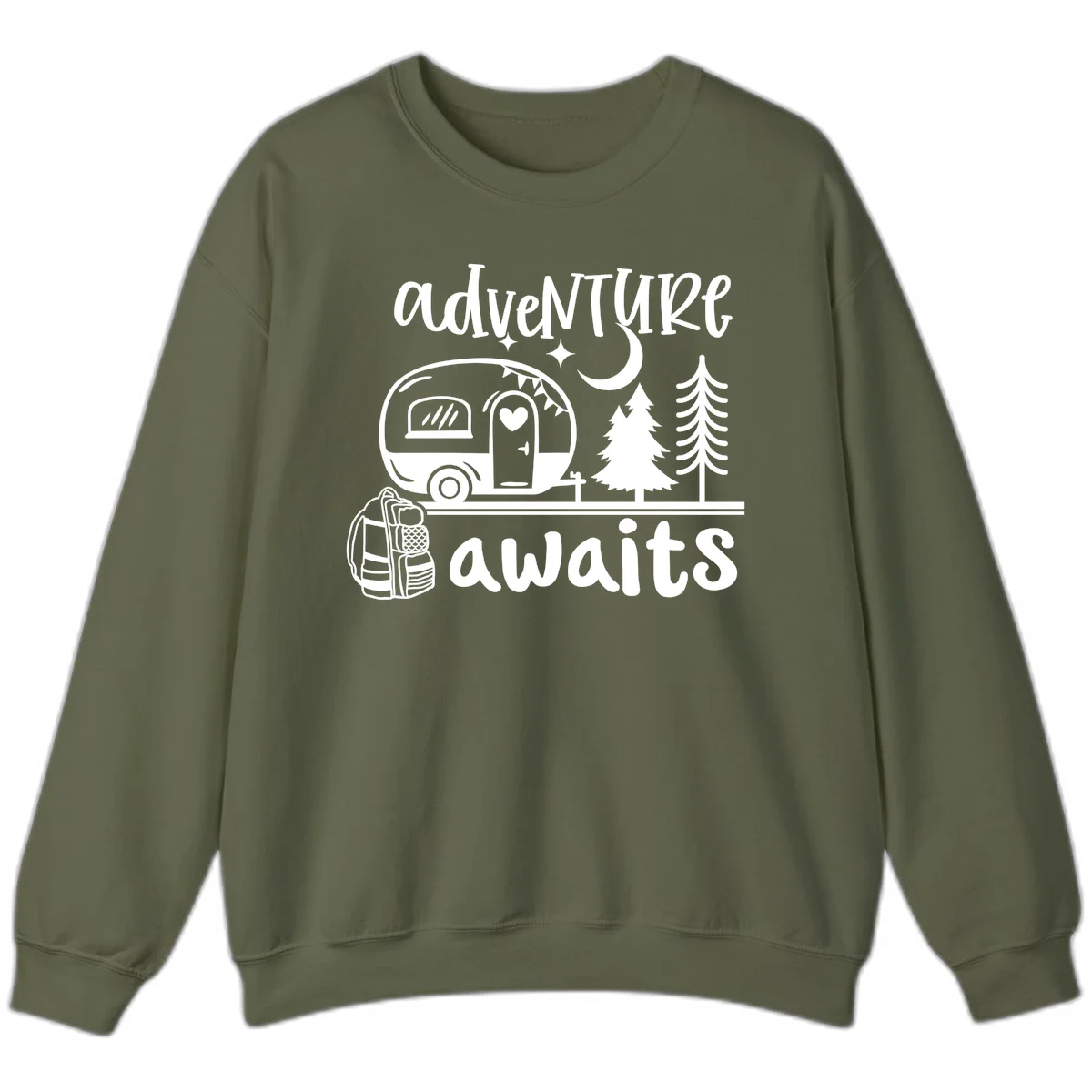 Retro camper trailer with heart-shaped door under moonlight and stars, surrounded by evergreen trees, with 'adventure awaits' text. in Military Green