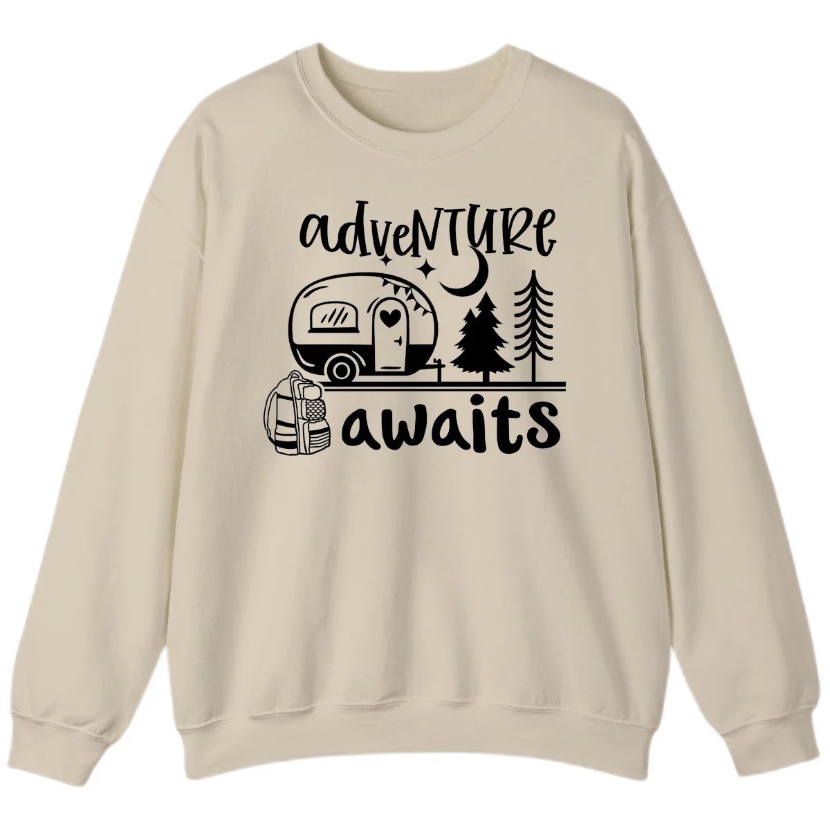 Retro camper trailer with heart-shaped door under moonlight and stars, surrounded by evergreen trees, with 'adventure awaits' text. in Sand