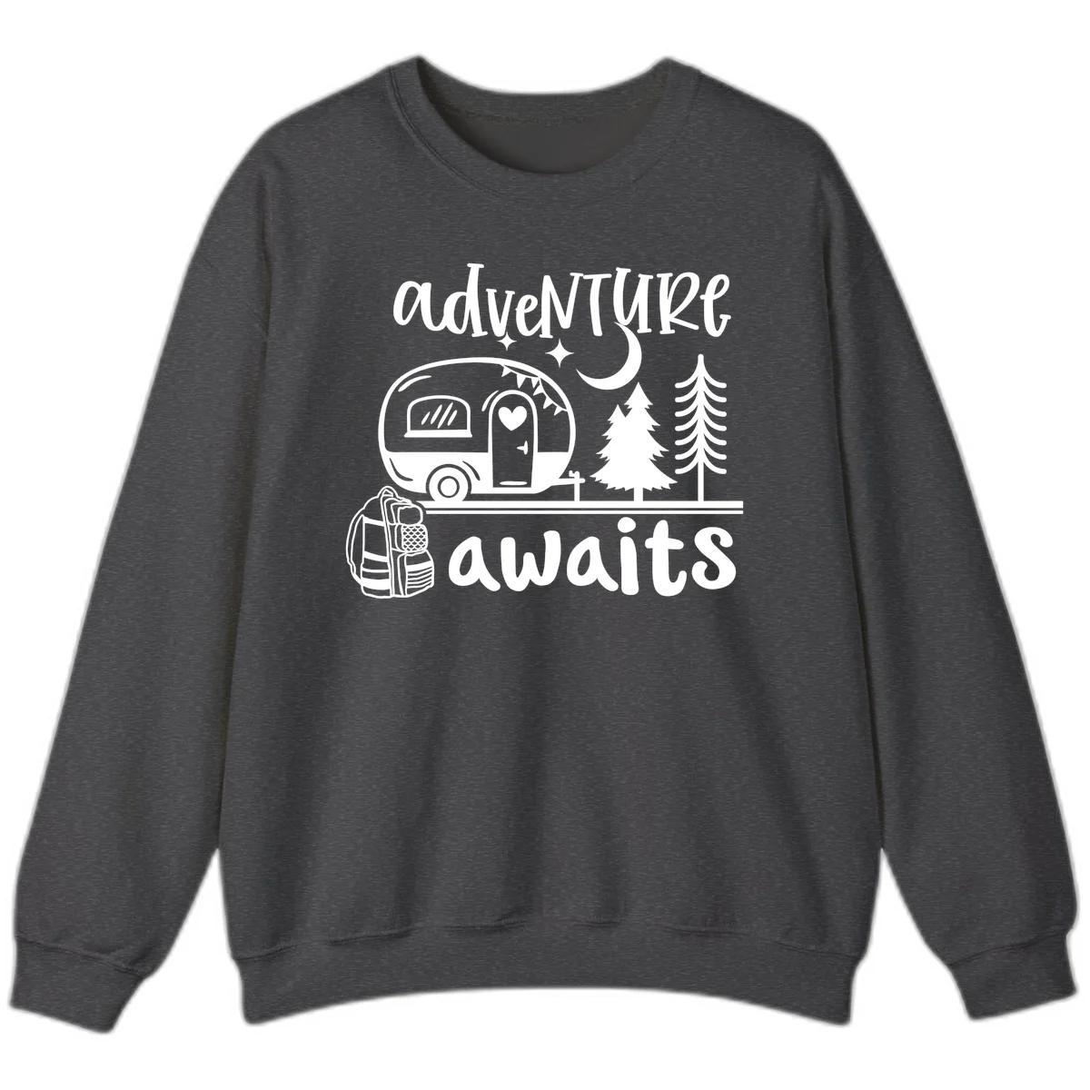 Retro camper trailer with heart-shaped door under moonlight and stars, surrounded by evergreen trees, with 'adventure awaits' text. in Dark Heather
