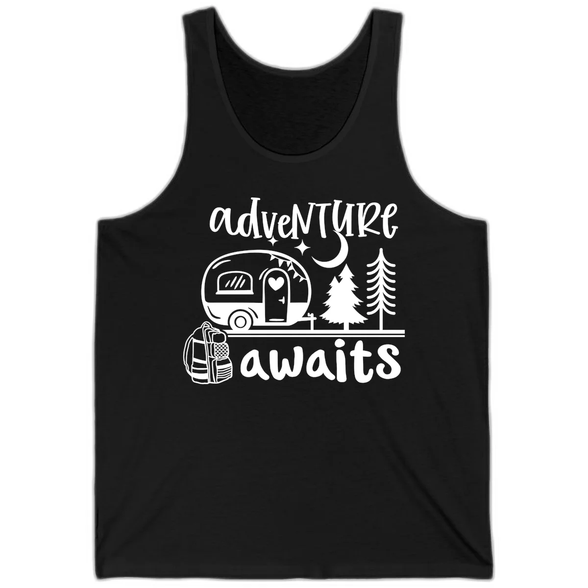 Retro camper trailer with heart-shaped door under moonlight and stars, surrounded by evergreen trees, with 'adventure awaits' text. in Black