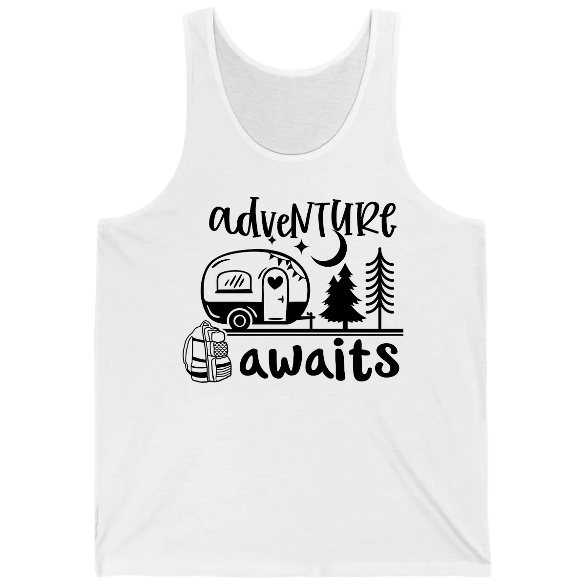 Retro camper trailer with heart-shaped door under moonlight and stars, surrounded by evergreen trees, with 'adventure awaits' text. in White