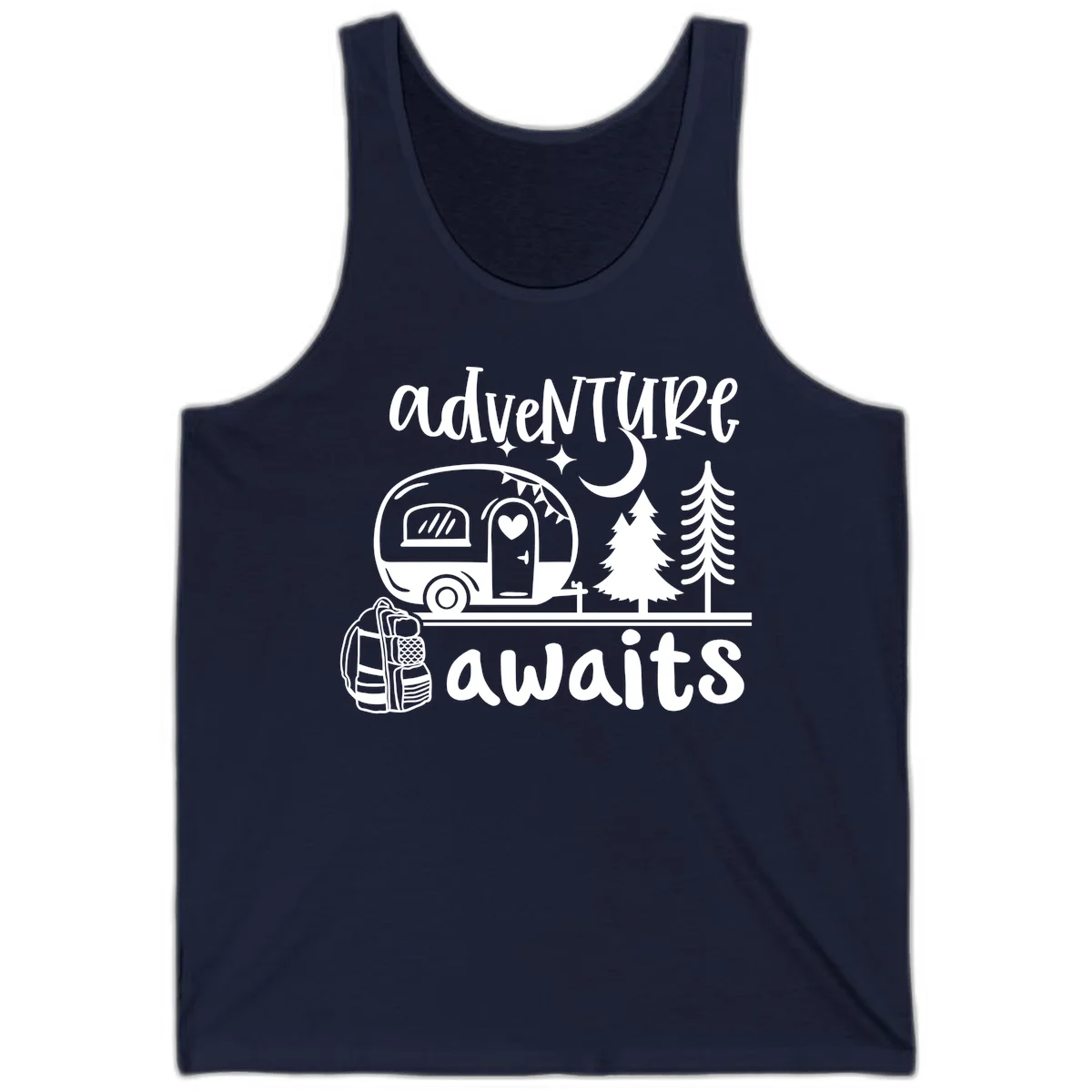 Retro camper trailer with heart-shaped door under moonlight and stars, surrounded by evergreen trees, with 'adventure awaits' text. in Navy