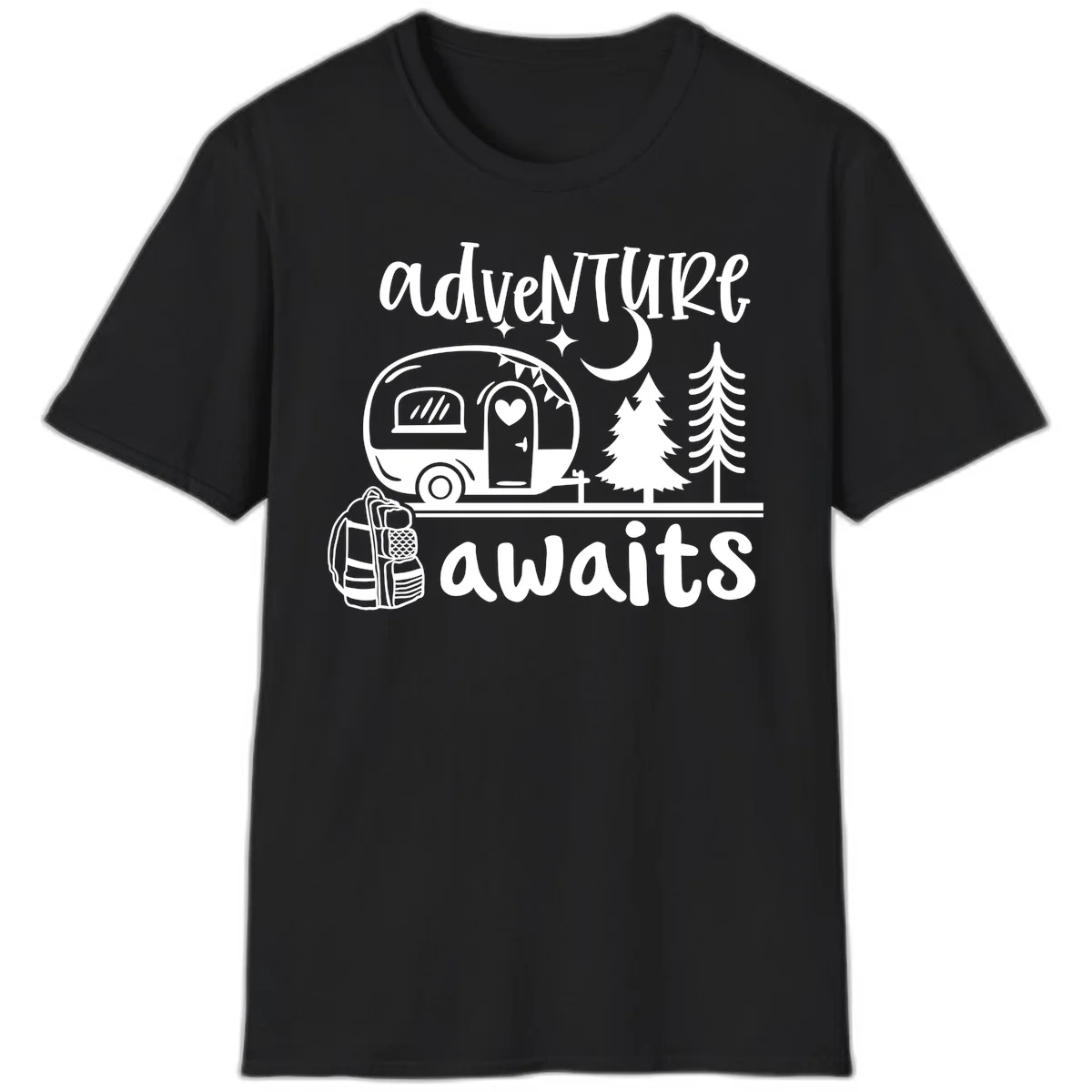Retro camper trailer with heart-shaped door under moonlight and stars, surrounded by evergreen trees, with 'adventure awaits' text. in Black