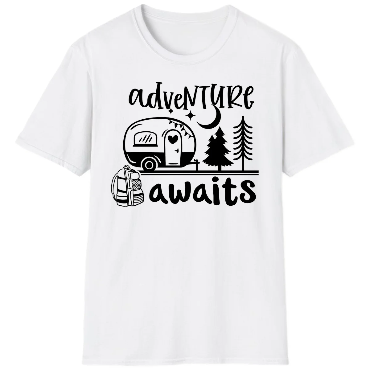 Retro camper trailer with heart-shaped door under moonlight and stars, surrounded by evergreen trees, with 'adventure awaits' text. in White