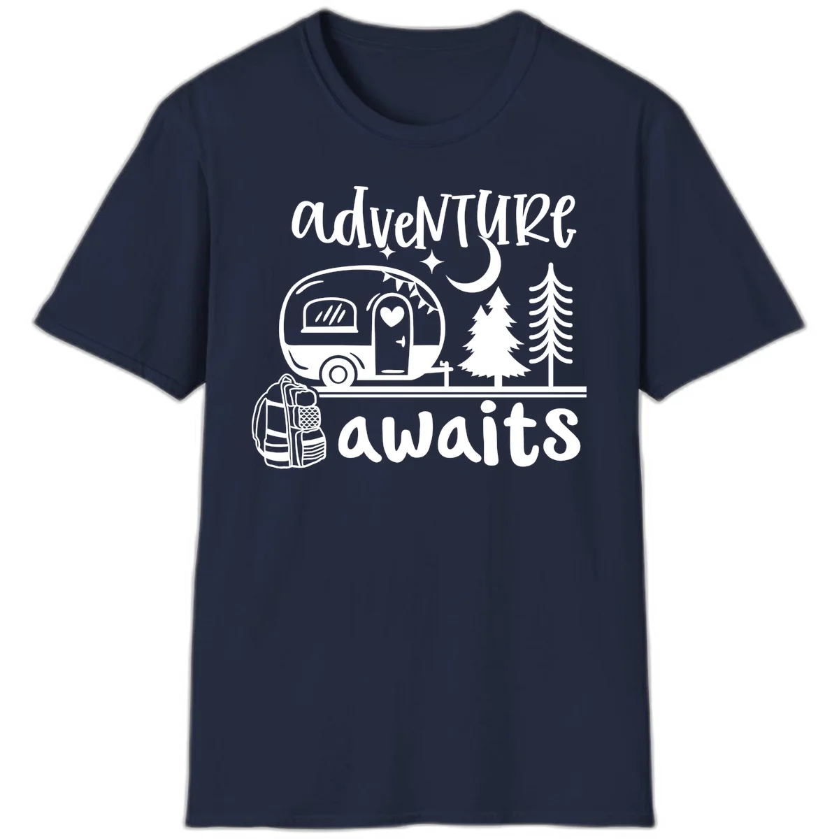 Retro camper trailer with heart-shaped door under moonlight and stars, surrounded by evergreen trees, with 'adventure awaits' text. in Navy