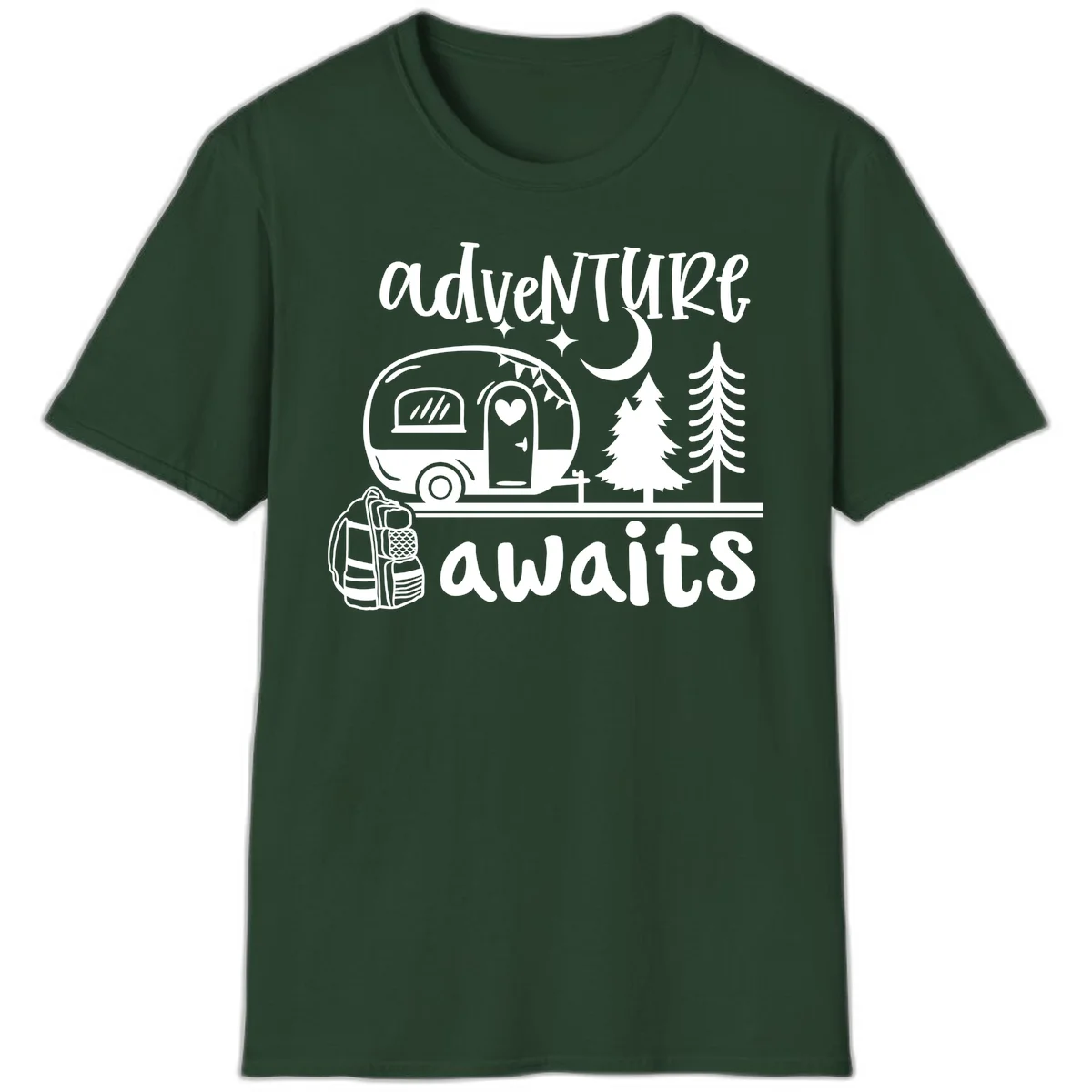Retro camper trailer with heart-shaped door under moonlight and stars, surrounded by evergreen trees, with 'adventure awaits' text. in Forest Green