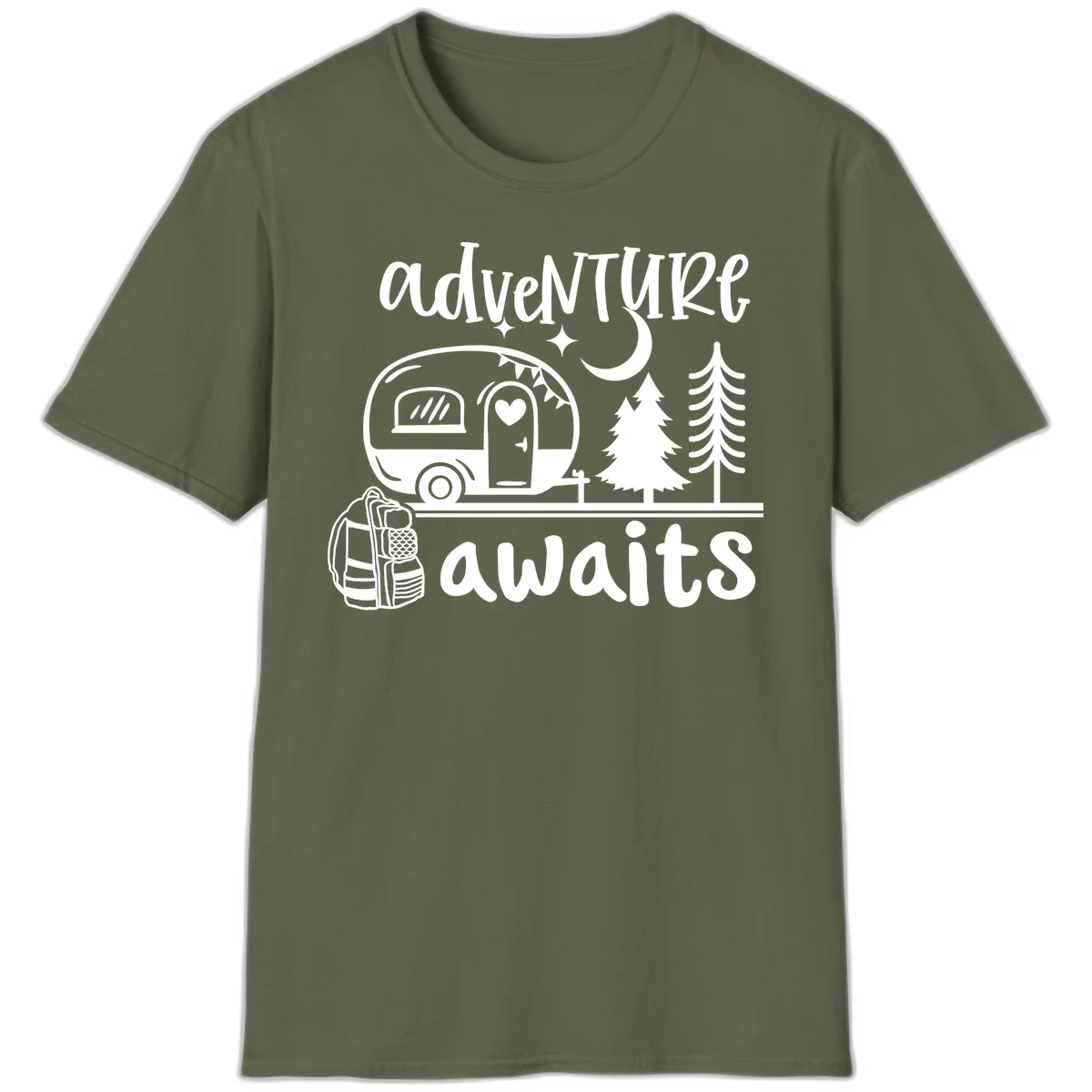 Retro camper trailer with heart-shaped door under moonlight and stars, surrounded by evergreen trees, with 'adventure awaits' text. in Military Green