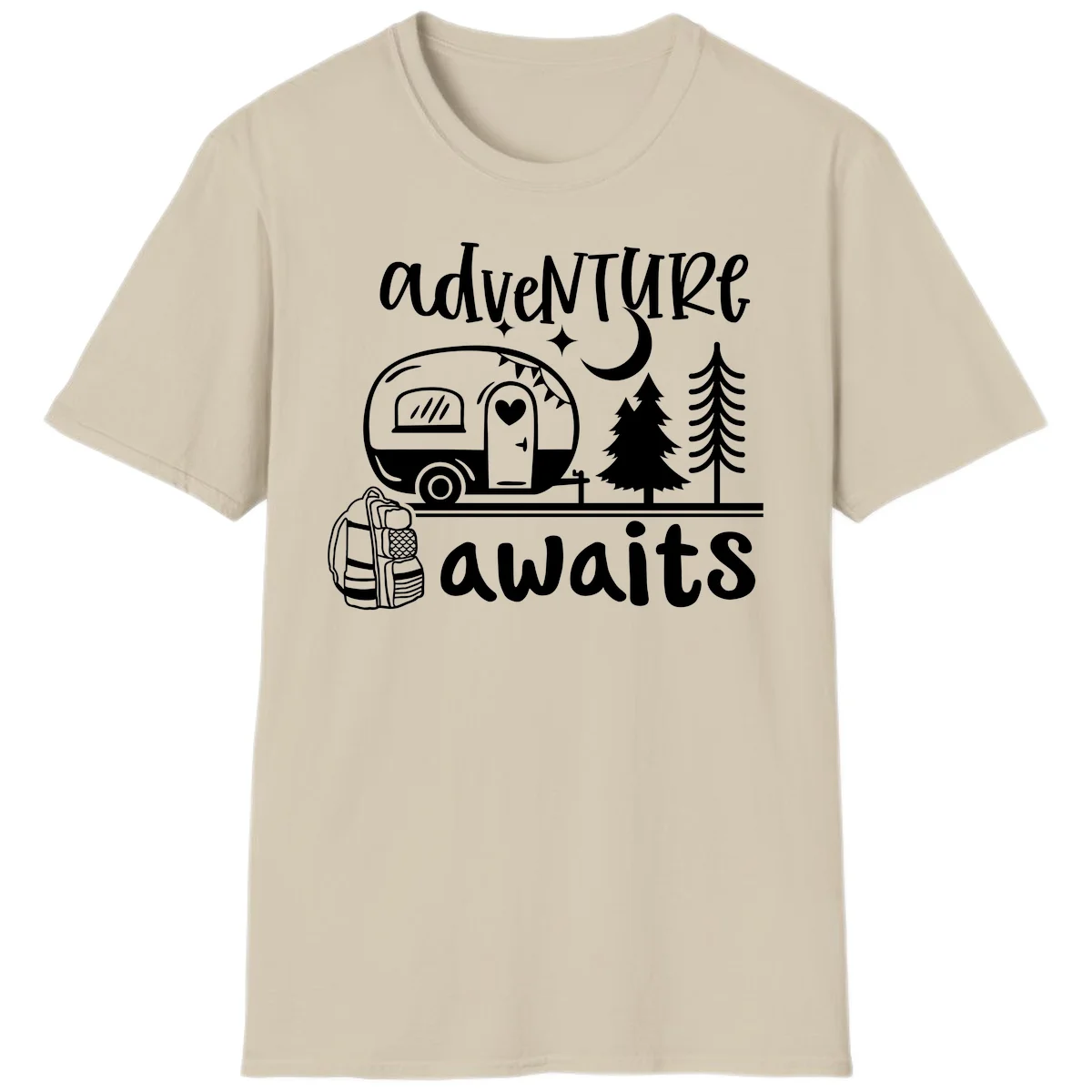 Retro camper trailer with heart-shaped door under moonlight and stars, surrounded by evergreen trees, with 'adventure awaits' text. in Sand