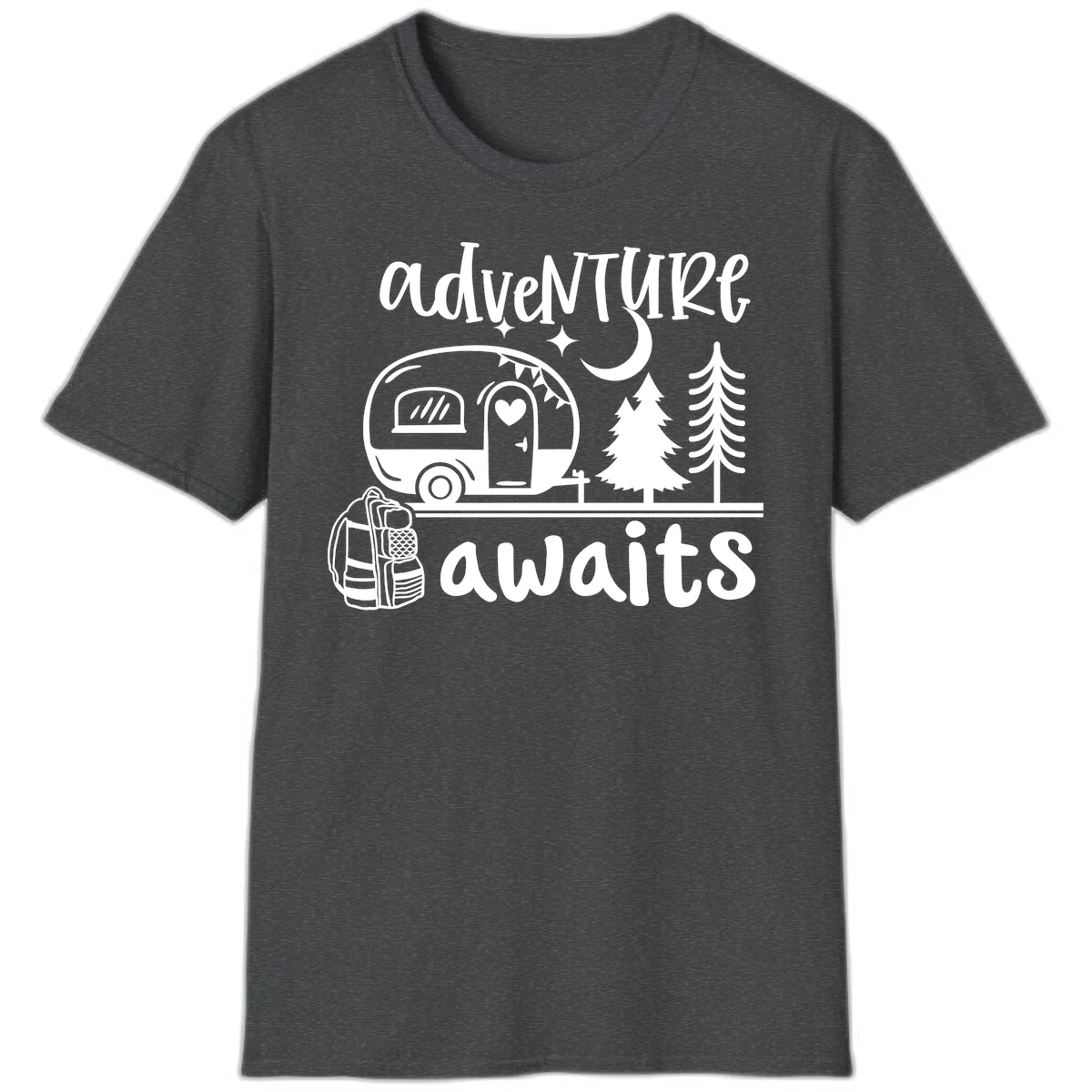 Retro camper trailer with heart-shaped door under moonlight and stars, surrounded by evergreen trees, with 'adventure awaits' text. in Dark Heather