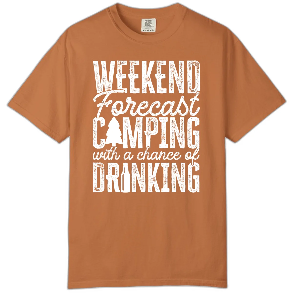 Distressed white text on gray reading 'Weekend Forecast: Camping with a chance of Drinking' with pine tree and beer bottle icons in Yam