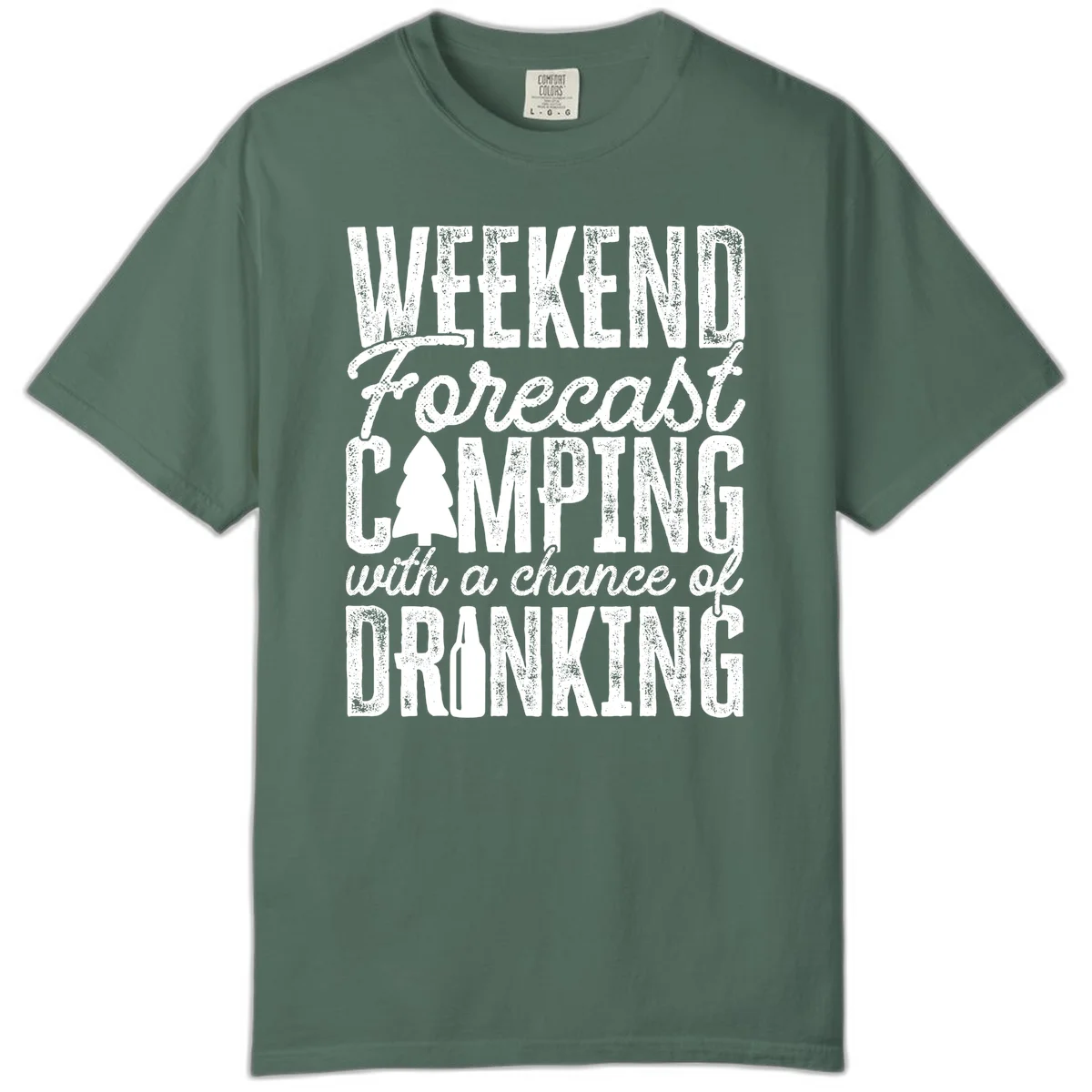 Distressed white text on gray reading 'Weekend Forecast: Camping with a chance of Drinking' with pine tree and beer bottle icons in Blue Spruce