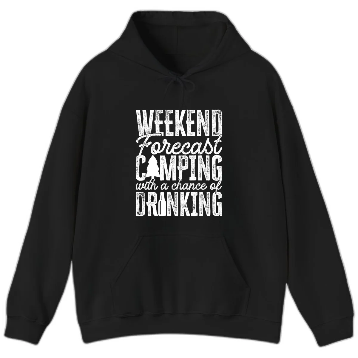 Distressed white text on gray reading 'Weekend Forecast: Camping with a chance of Drinking' with pine tree and beer bottle icons in Black