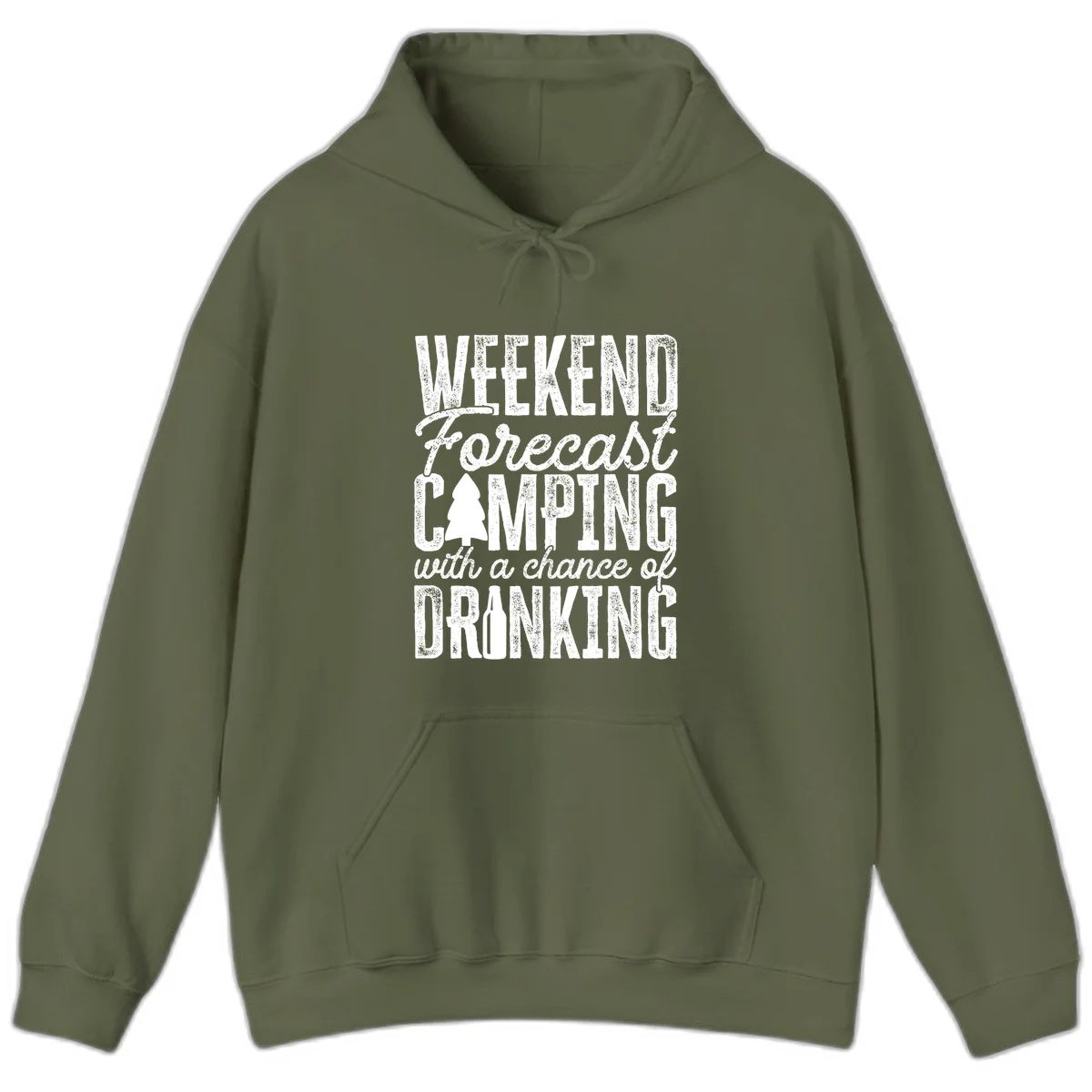 Distressed white text on gray reading 'Weekend Forecast: Camping with a chance of Drinking' with pine tree and beer bottle icons in Military Green
