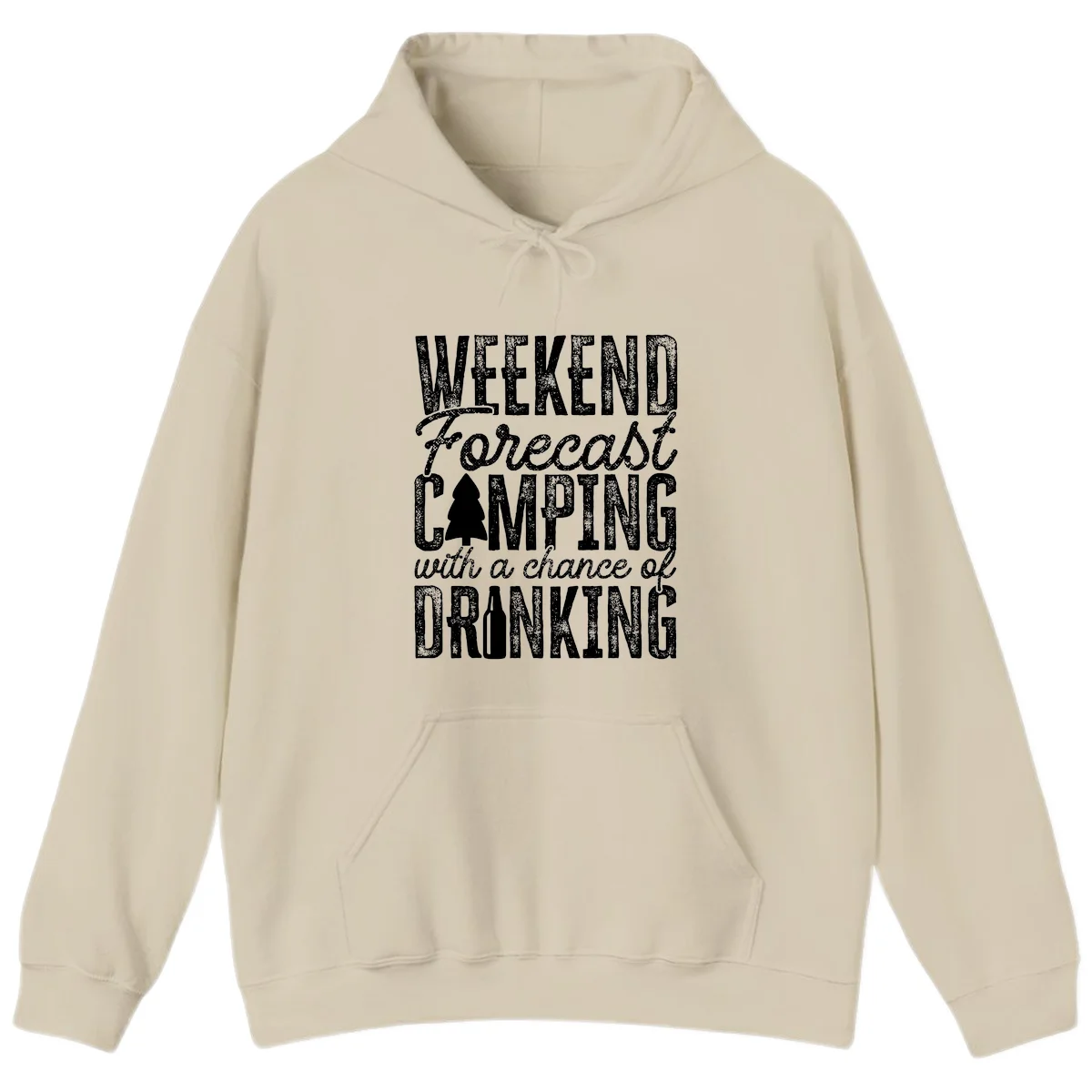 Distressed white text on gray reading 'Weekend Forecast: Camping with a chance of Drinking' with pine tree and beer bottle icons in Sand