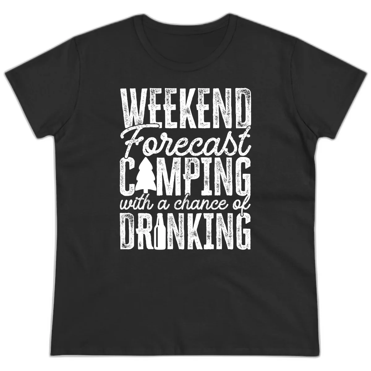 Distressed white text on gray reading 'Weekend Forecast: Camping with a chance of Drinking' with pine tree and beer bottle icons in Black