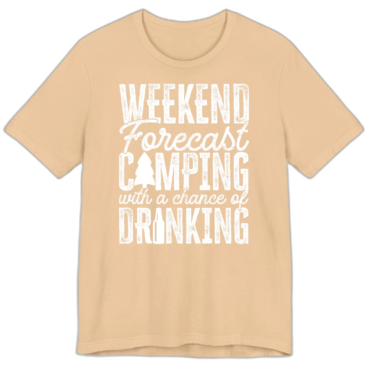 Distressed white text on gray reading 'Weekend Forecast: Camping with a chance of Drinking' with pine tree and beer bottle icons in Sand Dune