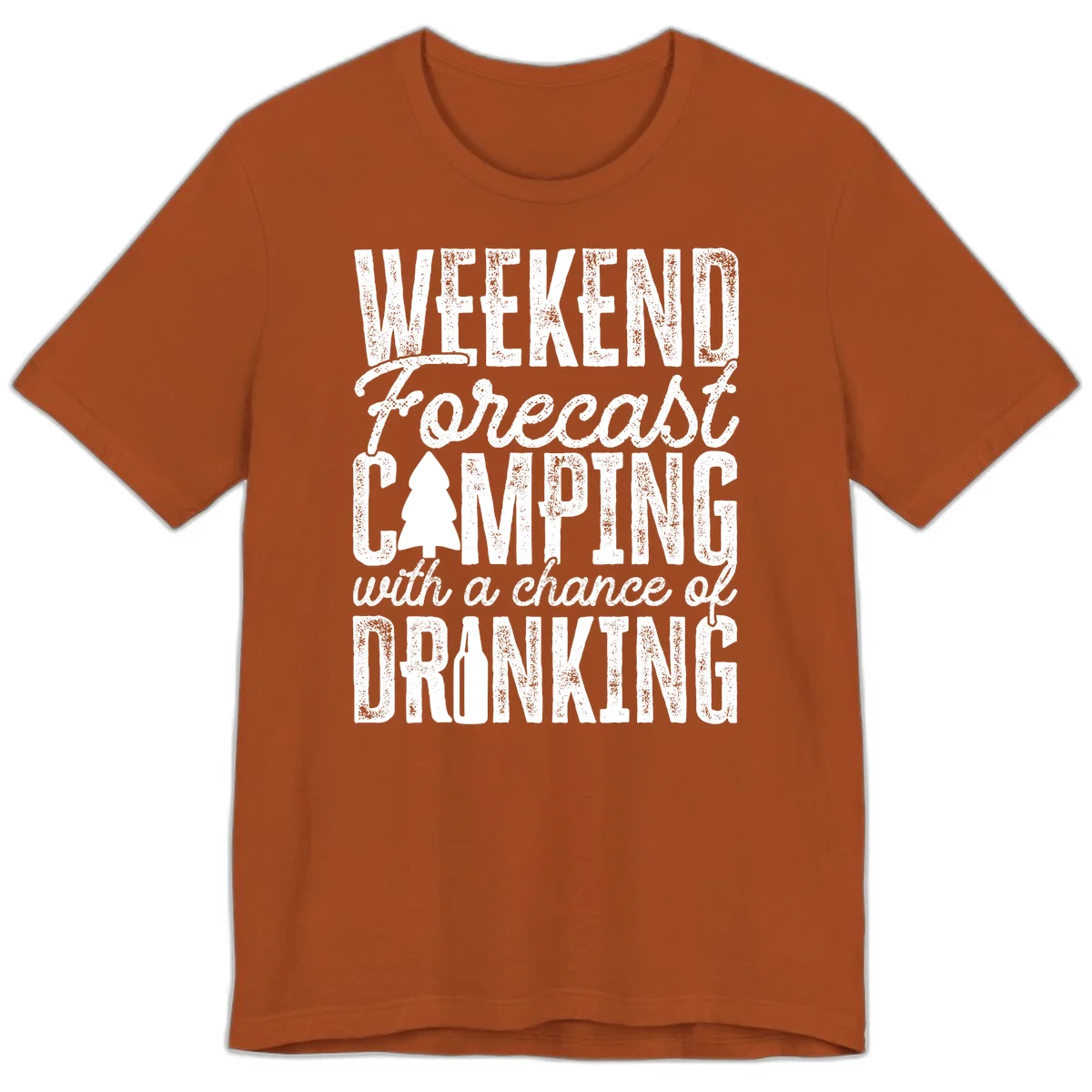 Distressed white text on gray reading 'Weekend Forecast: Camping with a chance of Drinking' with pine tree and beer bottle icons in Autumn